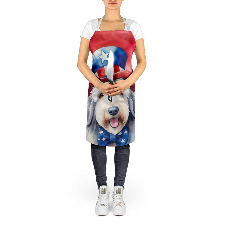 Patriotic American Apron, White/Gray Old English Sheepdog