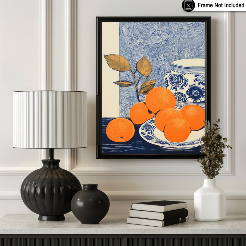 Oranges et vase bleu, H 18 po x l 24 po, Affiche, Sans cadre