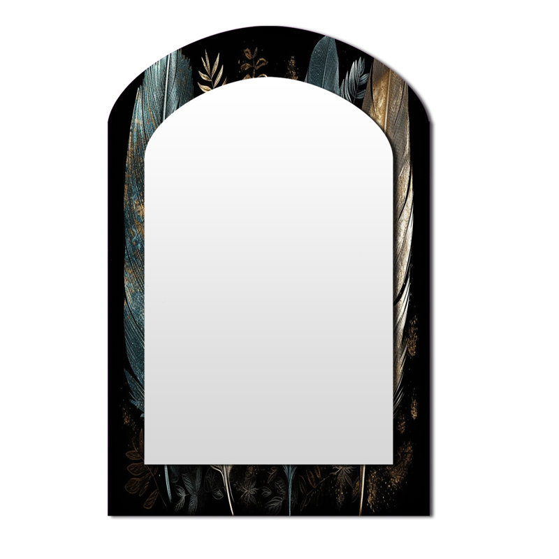 Gold Gilded Feathers I - Glam Feather Arch Unique Mirror, Gold Asymmetrical Large Wall Mirror, Printed Metal Art, 43" x 33"
