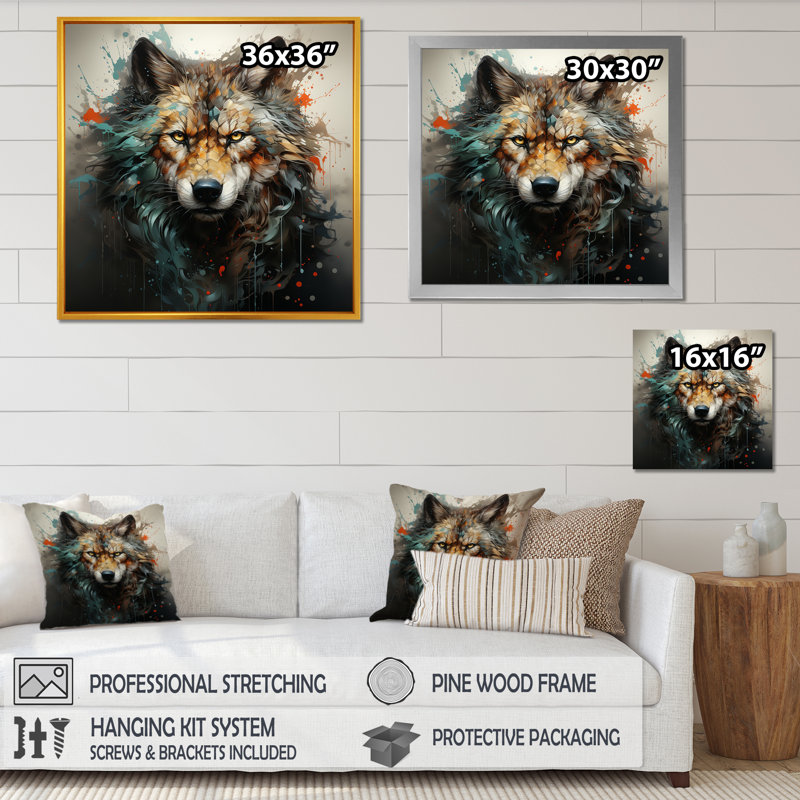 Portrait de loup solitude I - loup, art mural, Cadre flottant doré, 36" H x 36" W