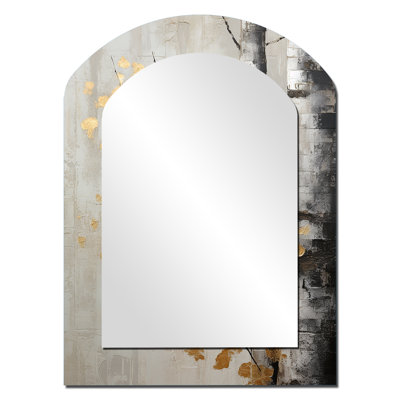 Tree Whispers Of Gray And Gold - Monochrome Asymmetrical Decorative Wall Mirror, Traditional Arch Mirror, Printed Metal Art