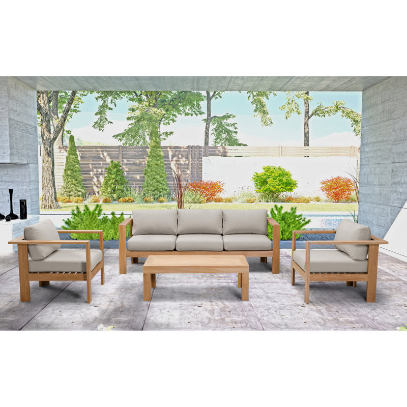 Ando 4 Piece Teak Sofa Seating Group with Sunbrella Cushions, 4 Pcs: Table, Sofa, 2 Chairs, Cast Silver Sunbrella®
