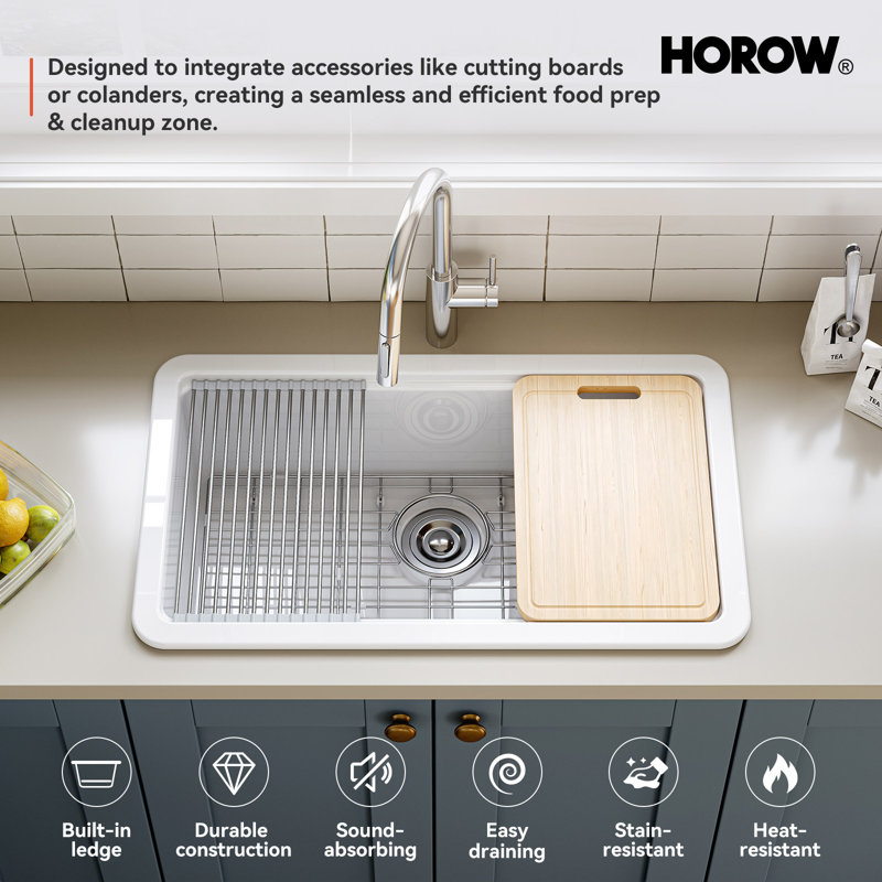  Évier de cuisine encastré en argile réfractaire à cuve simple avec accessoires 33 po MorningGlow