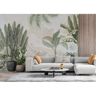 Murale banane tropicale vert sauge | Papier peint feuilles de palmier botanique | Non-tissé ou pelez et collez