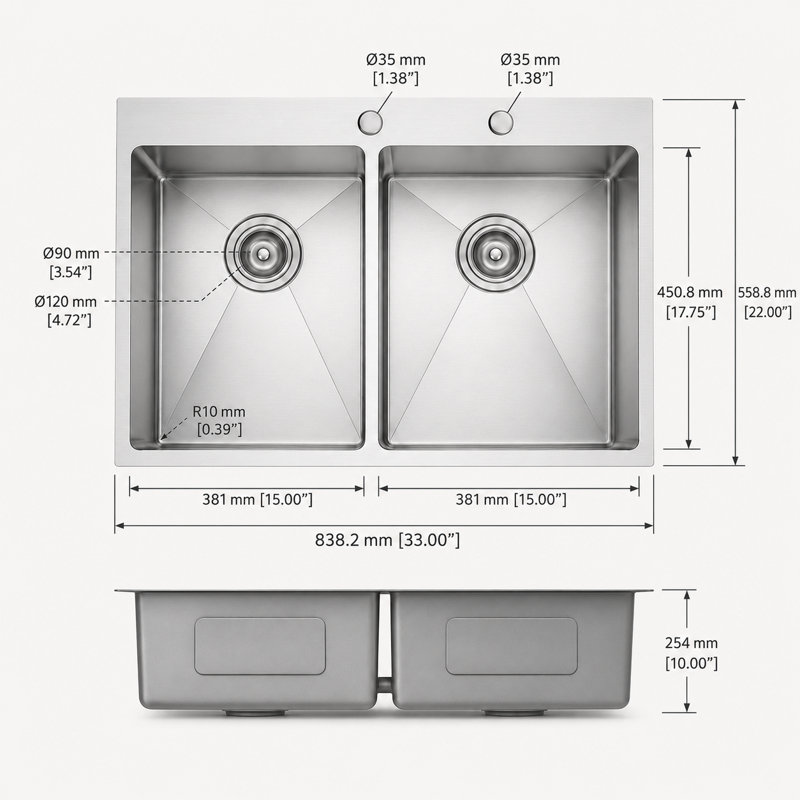Évier de cuisine en acier inoxydable encastrable l 33 po x L 22 po, double cuve en acier inoxydable de calibre 16 avec grille d'évier, grille et support à enroulement 50/50