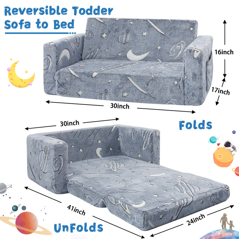 Amilee Kids Couch Sofa, Folding Toddler Couch, Gray Planets, 16" H x 30" W x 17" D