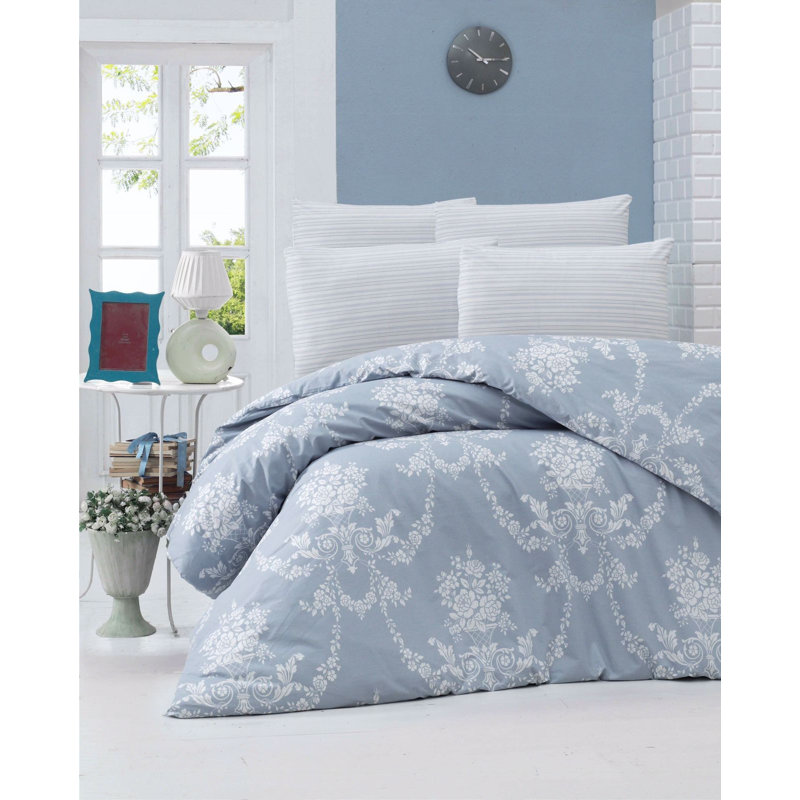 Sorrentino Cotton Floral Duvet Cover Set with Pillowcases Included, 160 x 240 cm - 1 Pillowcase (50 x 70 cm)