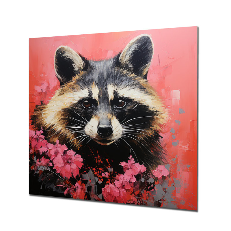 Fleur de raton laveur noir et rose I - Art mural en métal avec un raton laveur, H 16 po x l 16 po x P 1 po
