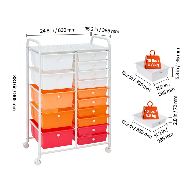 Chariot à roulettes avec tiroirs, organisateur de rangement à 15 tiroirs double rangée, chariot utilitaire mobile avec cadre en acier, roulettes pivotantes et 2 freins, idéal pour le bureau, la salle de classe, l'atelier de loisirs créatifs, le studio, le garage, rouge dégradé