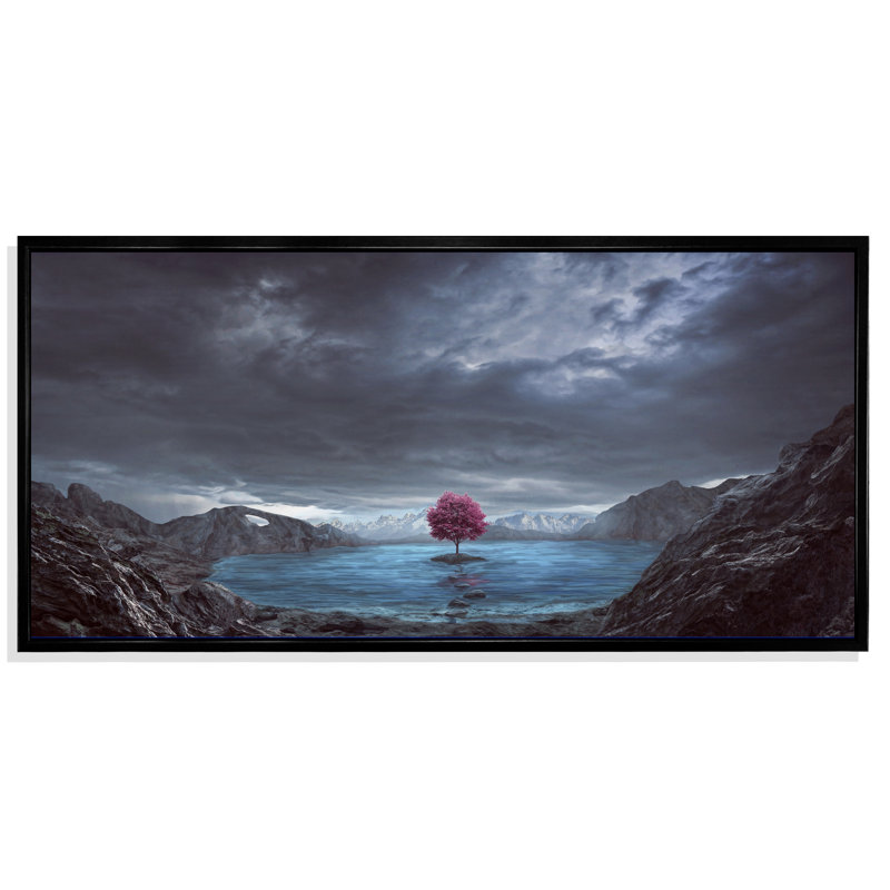 Un seul arbre rose au milieu du lac - photographie sur toile, Cadre noir, H 8 po x l 12 po x P 1 po