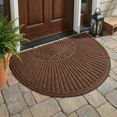 Tapis de porte d'extérieur semi-circulaire abstrait en fibre synthétique marron 61 x 91 cm