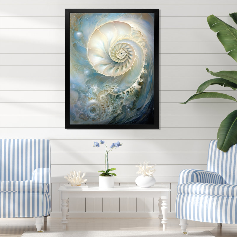 Nautilus perle bleue et blanche sur toile, Cadre simple noir, H 20 po x l 12 po x P 1 po