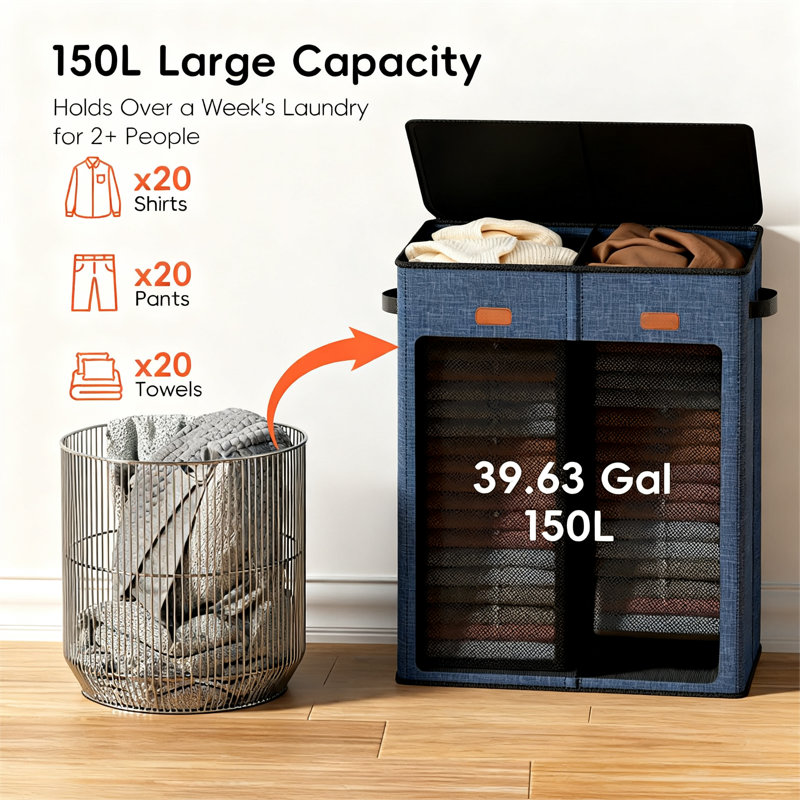 Double Laundry Hamper With Lid, Large Clothes Hampers With Removable Bag, Laundry Hamper 2 Section For Bathroom, Bedroom, Laundry Room, Dorm, 150L (Navy Blue)