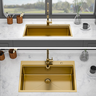 33" Drop In Gold Kitchen Sink - 33 X 22 X 10 Inch Kitchen Sink Drop-In Topmount Single Bowl 16 Gauge Stainless Steel Ledge Workstation Kitchen Sinks