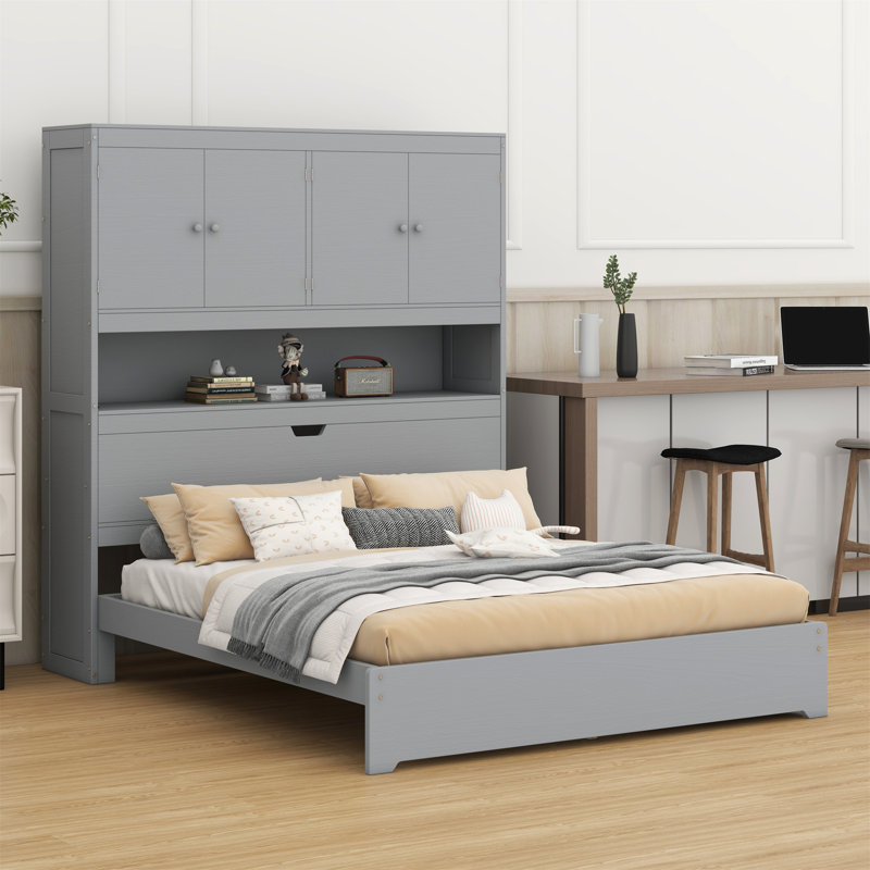 Lit plateforme en bois avec port USB, tête de lit et tiroirs de rangement, Gris