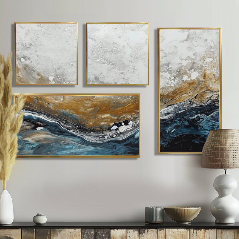 «Grey Gold Modern Abstract Contemporary II», art mural abstrait en marbre 4 pièces, Impression encadrée sans passe-partout
