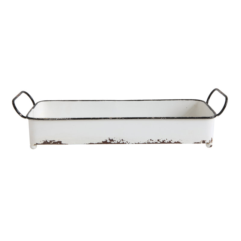 Plateau décoratif en métal avec 2 poignées et fini émail vieilli, Blanc