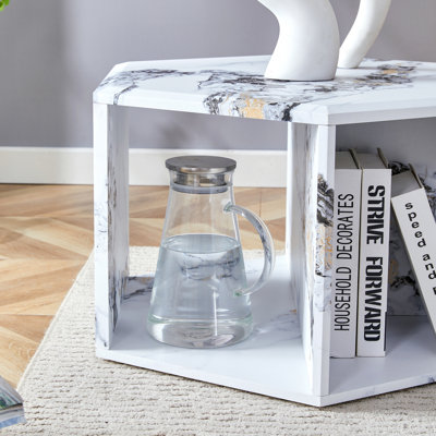 Hexagonal MDF Coffee Table, Characteristic Pattern Stickers, Multi-Hole Design To Give More Storage Space