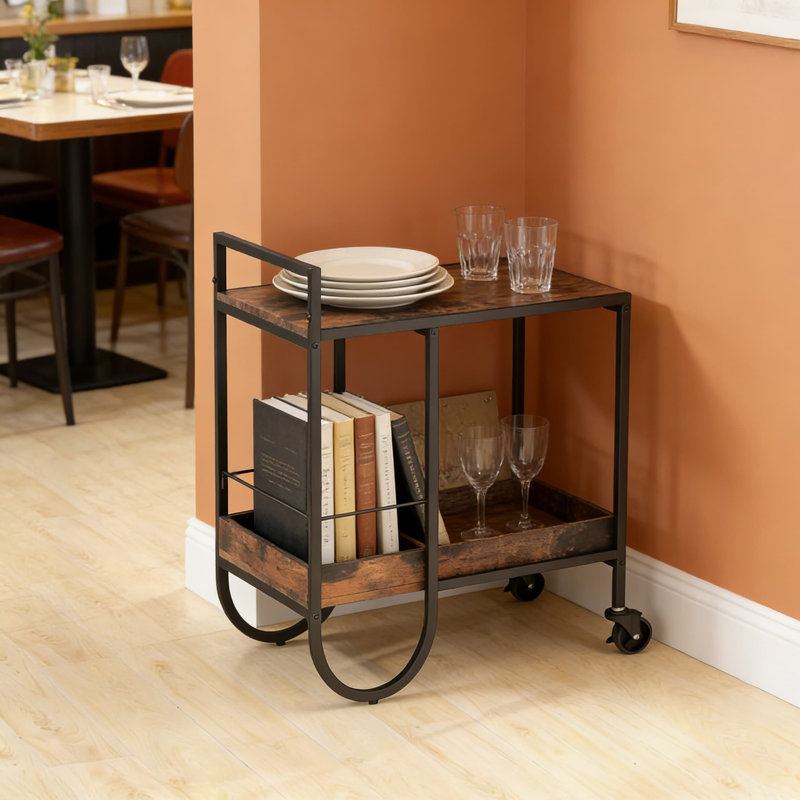 Chariot-bar roulant à 2 niveaux avec support à vin amovible, roues verrouillables et plateau en bois rustique pour la cuisine, la salle à manger et le service de divertissement à domicile
