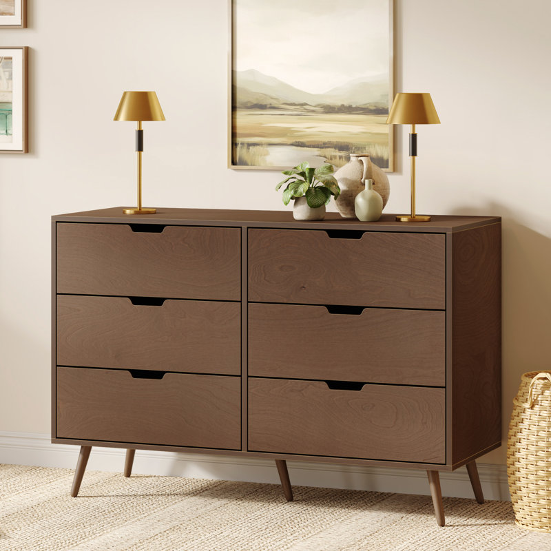 Commode 6 tiroirs 47,2 po, finition en placage de bois avec tiroirs à fermeture en douceur, pieds en bois massif, conception sans poignée, brun