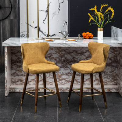 Mid-Century Modern Counter Stool In Yellow - Faux Leather , Seat, Solid Wood Walnut Legs, Gold Footrest Mid-Century Style  2  Curved Fabric Covering, Tapered Legs