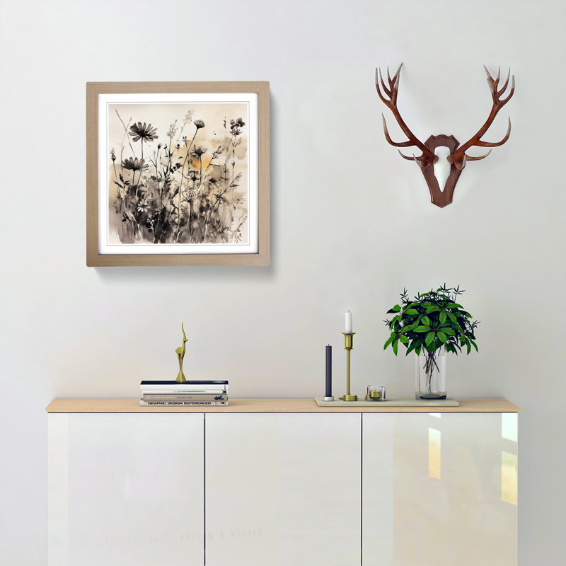 Wildflowers Ink Wash No.2 - Single Picture Frame Print on Wood, Oak