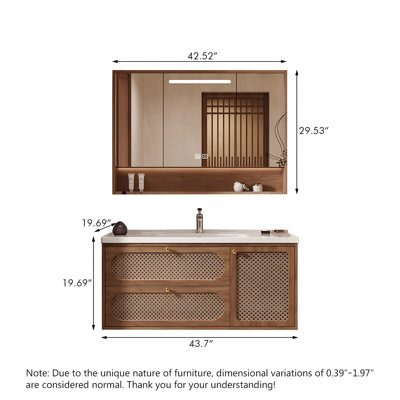 Meuble-lavabo de salle de bain vintage en bois d'hévéa massif avec panneau en rotin et armoire à miroir intelligente