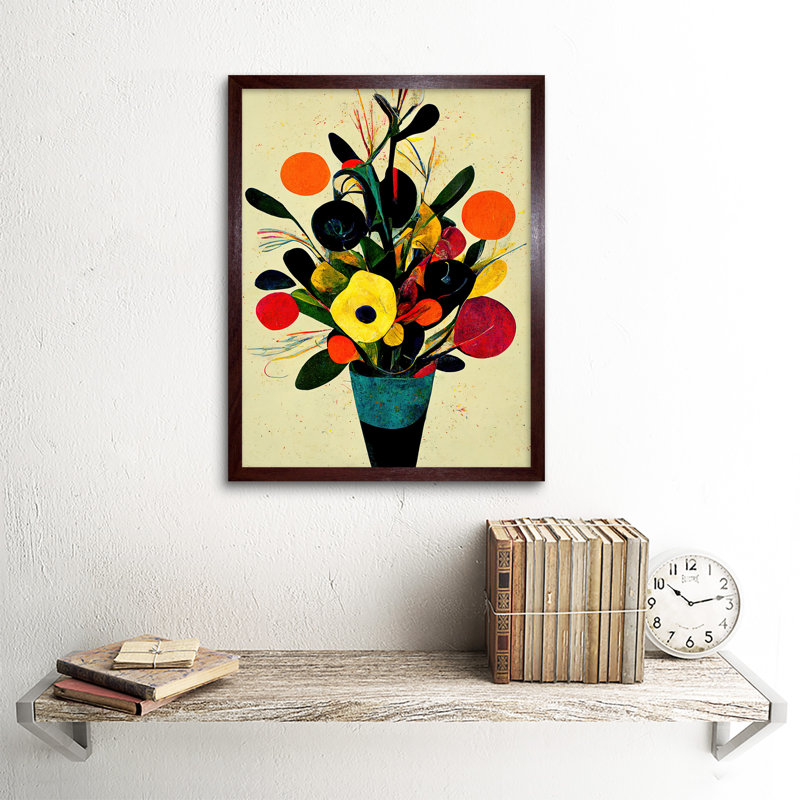 Autumnal Flower Bouquet Vase Midcentury Abstract - Painting, 43cm H x 33cm W, Brown Framed Paper