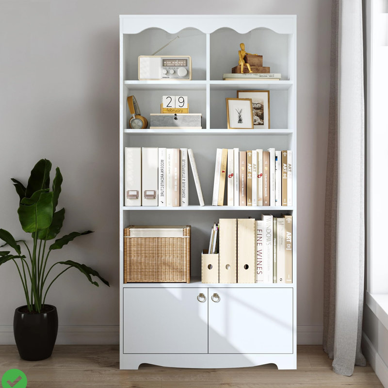 Bibliothèque à 63 niveaux H 63 "- Grandes étagères de rangement ouvertes pour le salon et le bureau à domicile blanc / noyer