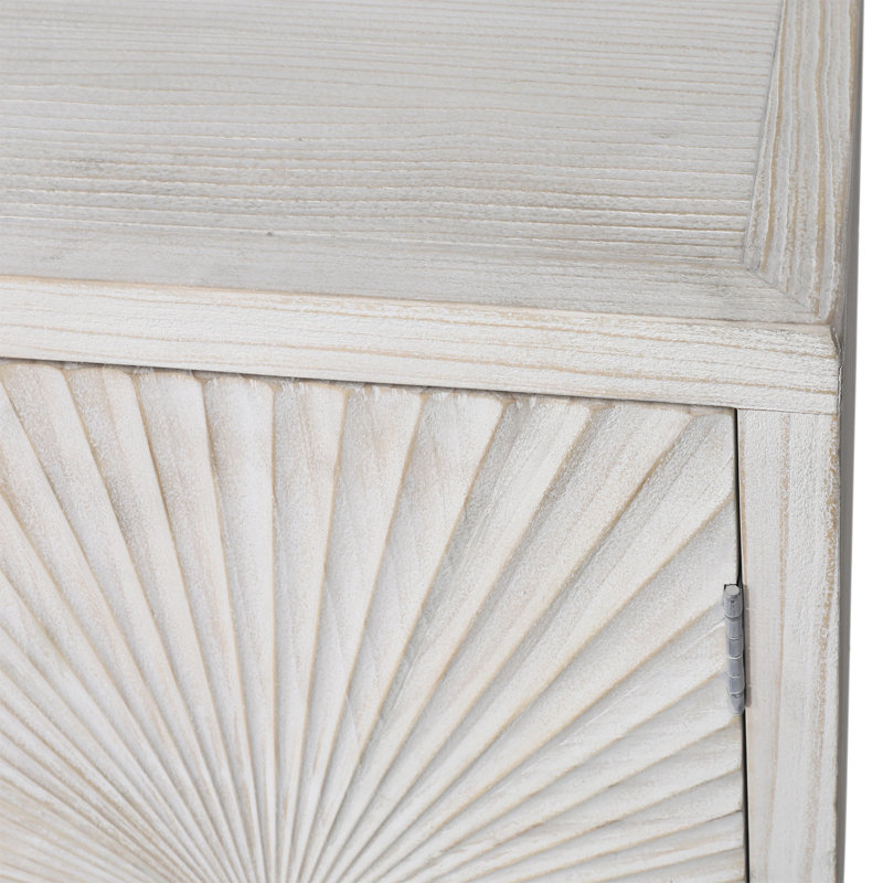 Melrose 79-Inch Pine Light Wash 4-Door Sideboard With Hand Carved Burst Pattern Door Fronts