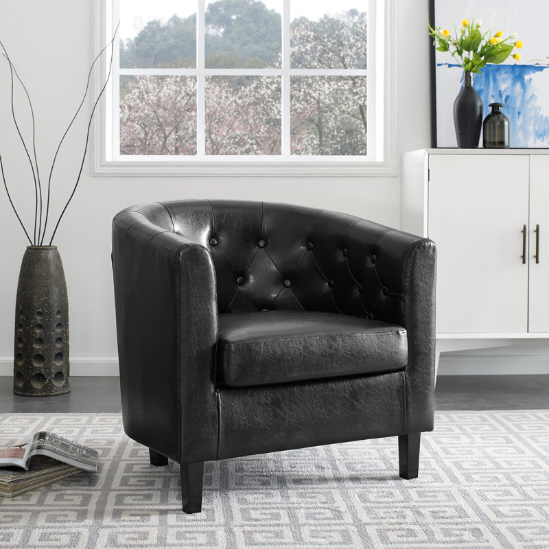Engelhardt Upholstered Barrel Chair, Tufted Accent Chair, Faux Leather Accent Barrel Chair, Living Room, Black Faux Leather