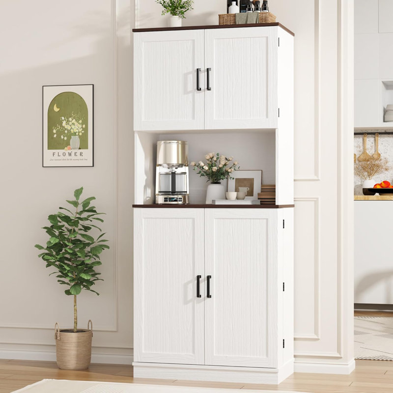 Armoire de cuisine de 71 po de hauteur, armoire de rangement de style campagnard avec 6 tablettes suspendues et tablettes réglables, armoire autoportante pour salle à manger, blanc rustique