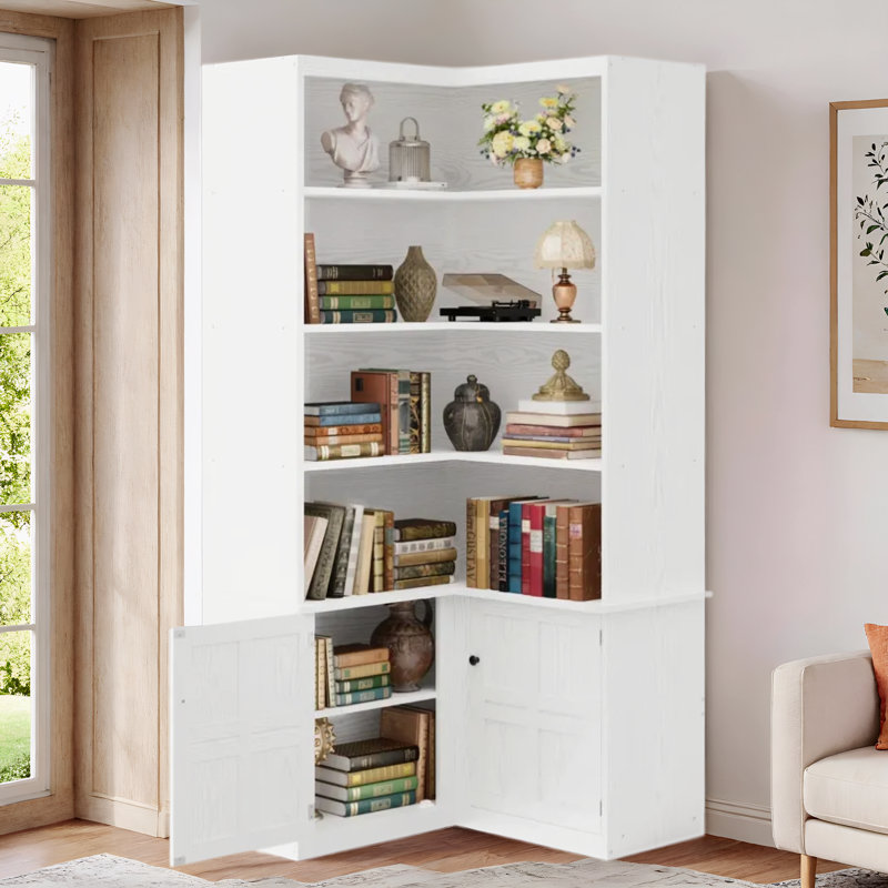 82.6" Corner Bookshelf with Doors, 6 Tier Large Corner Bookcase, White