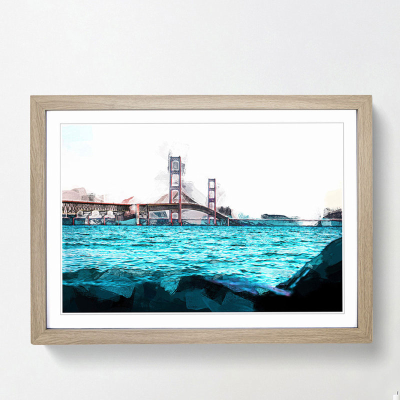 Mackinac Bridge in Michigan in Abstract - Picture Frame Graphic Art Print, 60cm H x 91cm W x 2cm D, Oak