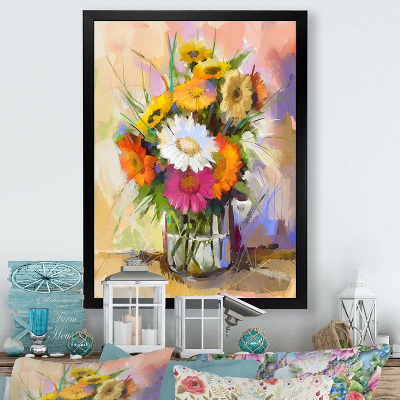 Bouquet de fleurs de gerbera - Peinture, Cadre photo noir, H 20 po x l 12 po x P 1 po