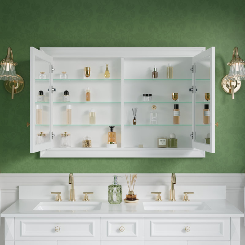 Armoire à pharmacie à cadre encastré en bois massif 32 "avec tablettes réglables en verre, H 32 po x l 48 po x P 5,4 po