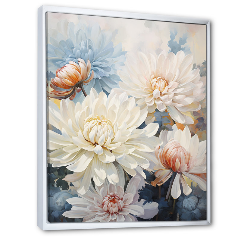 «White Mums In Blue Dream» sur toile, H 44 po x l 34 po x P 1,5 po, Cadre flottant blanc