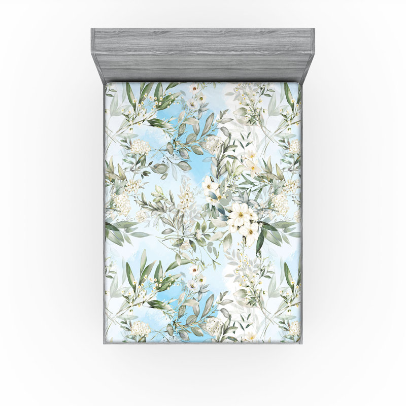 Drap-housse rustique Ambesonne, Vert laurier, bleu pâle / floral, Full Fitted Sheet