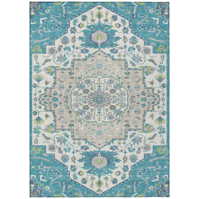 Lidia Teal Washable Indoor-Outdoor Rug - , 10' x 14'