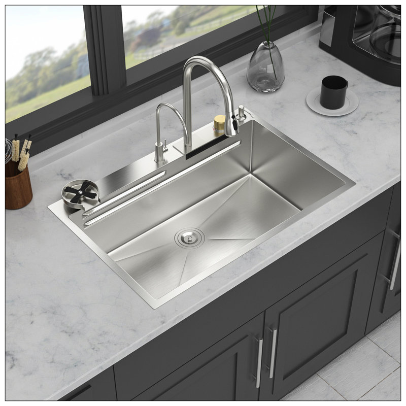 33" Drop In Waterfall Kitchen Sink - 33*22 Inch Single Bowl 16 Gauge Stainless Steel Ledge Workstation Kitchen Sinks With Pull-Out Faucet & Cup Washer