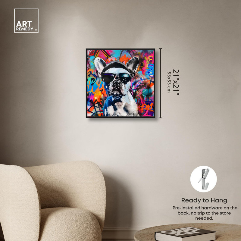 Élégant art graffiti sur toile Graffiti Frenchie par Art Remedy, H 21 po x l 21 po x P 1,8 po, Cadre flottant noir