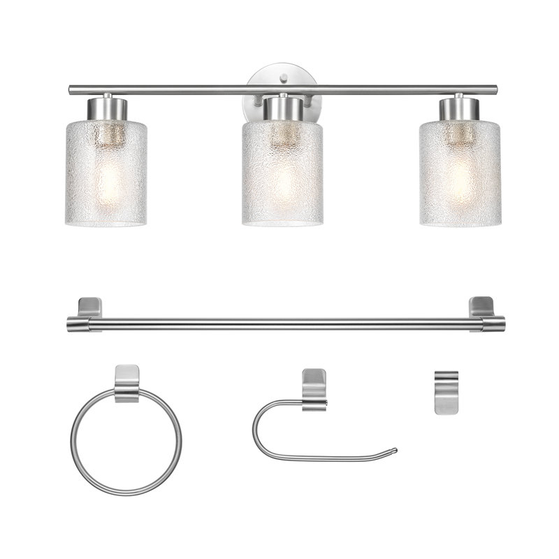 5-Piece All-In-One Nickel Bathroom Kit With 23" 3-Light Vanity Light And Clear Frosted Glass Shades