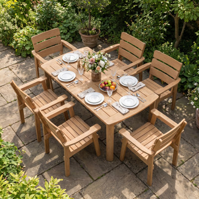 Ensemble de salle à manger de patio pour 6 personnes toutes saisons Hips 7 pièces Ensemble de table et chaises d'extérieur avec trou pour parasol pour cour, jardin, terrasse, bord de piscine, teck