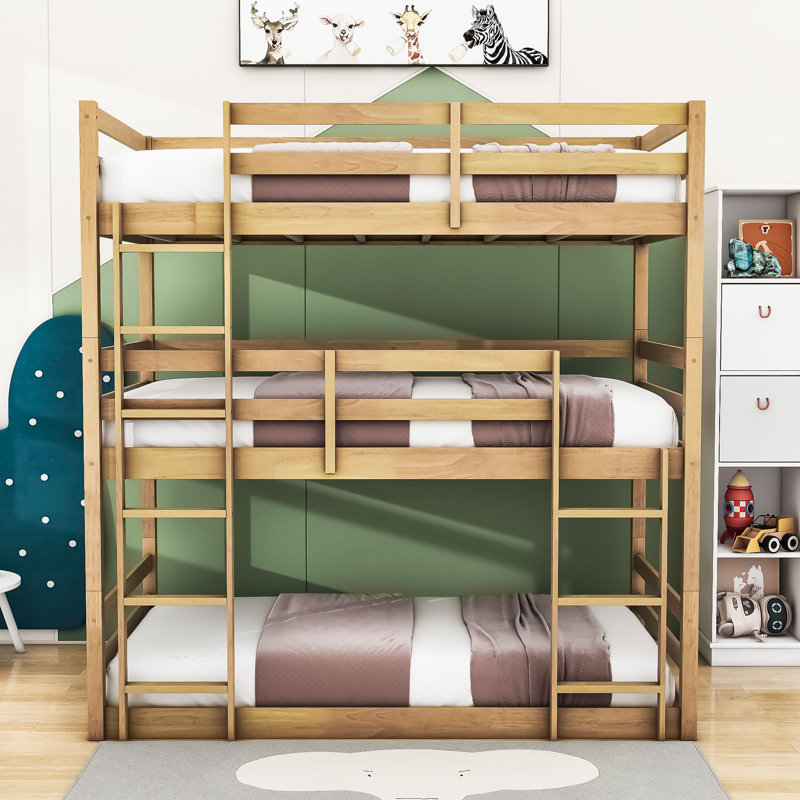 Wood Triple Bunk Bed With Two Built-In Ladders And Guardrails, White Oak