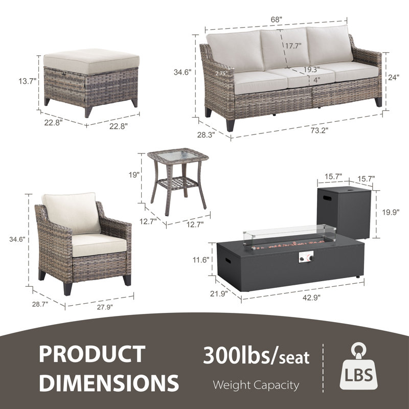 7 - Person Outdoor Wicker Patio Conversation Furniture Sofa Set With Fire Pit Table, Beige