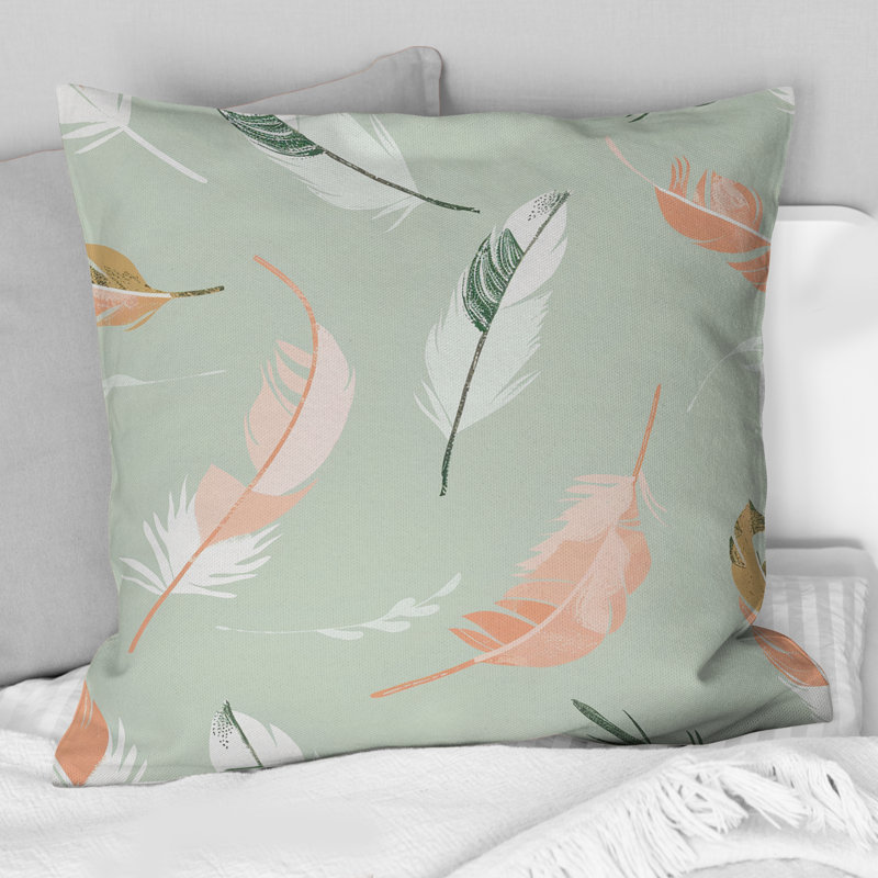 Plumes roses et vertes de Bohème II - coussin Boho, H 16 po x l 16 po, Carrée