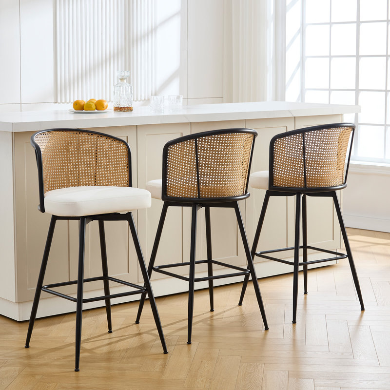 Cane Back Swivel Upholstered  Stool, Bar Stool (29” Seat Height), Cream
