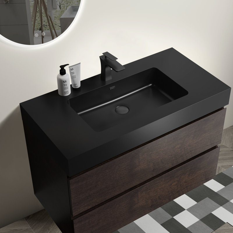 Meuble-lavabo moderne 36 po - Finition noyer, fermeture silencieuse, grand rangement, design et lavabo pour salle de bain