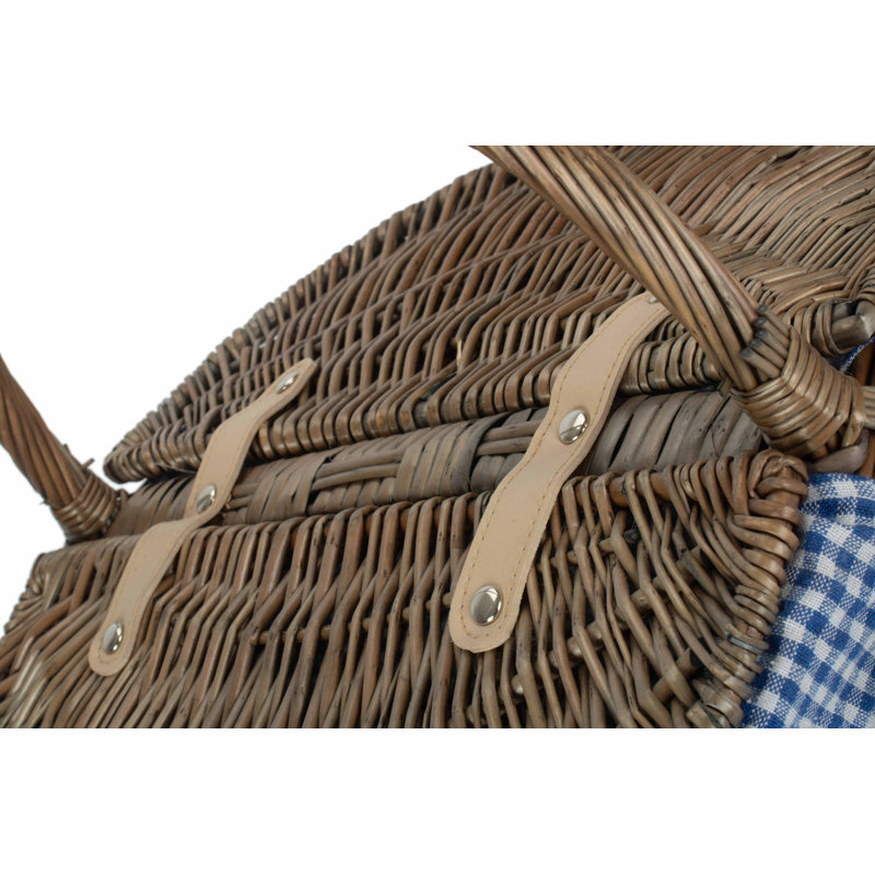 Wicker Picnic Hamper Basket with Lining, Antique Wash/Blue White Lining