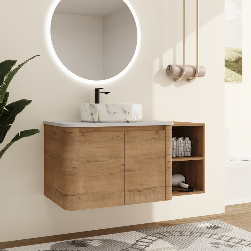 Ensemble de meuble-lavabo simple mural 42 po avec lavabo en céramique et tablettes de rangement Greythor, ensemble de meuble-lavabo simple avec plateau en pierre reconstituée